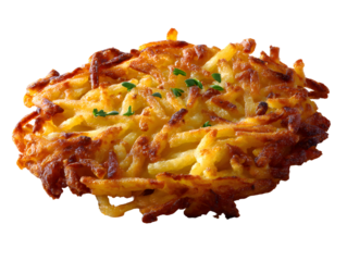 A classic diner-style hash brown patty made from golden, crispy shredded potatoes. A perfect, isolated, and savory side for an all-American breakfast.