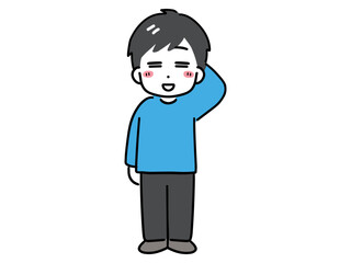 笑顔で少し照れている私服の若い男性(全身・正面)	