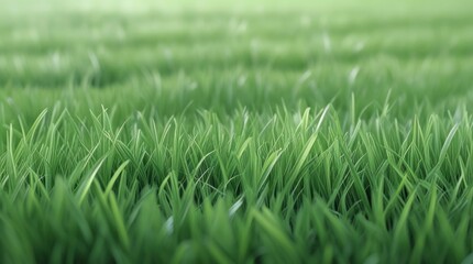 Fototapeta premium Vibrant Green Grass Field: An up-close view of verdant, lush, green grass stretches out towards the horizon, bathed in soft light, embodying growth, serenity, and the raw beauty of nature.
