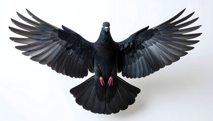 A solitary black pigeon with wings spread wide, captured in a moment of flight