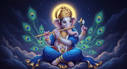 Naklejka premium Lord Ganesha Playing Flute in Dreamy Spiritual Setting with Peacock Feathers and Divine Light Meditation Art
