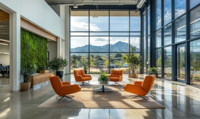 Modern office with green walls reflecting sustainable business practices and a healthy work atmosphere The design incorporates eco-friendly elements promoting both ecological, Generative AI