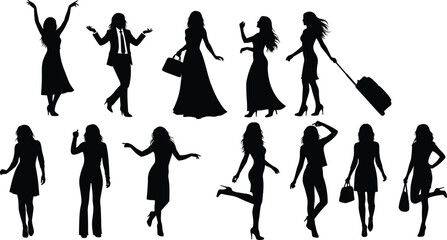 Collection of diverse black silhouettes of people, walking, dancing, posing with luggage and bags, motion and fashion style, white background