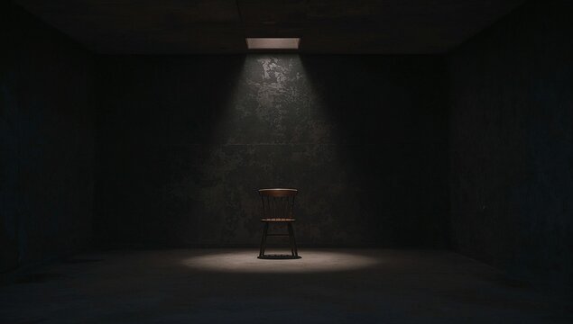 A spotlight falls on a solitary stool in a desolate, dark room, evoking feelings of isolation and introspection