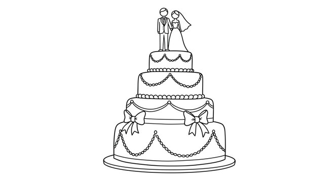 Elegant three-tier wedding cake with bride and groom topper in black and white outline style