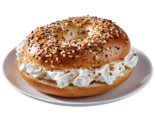 Classic everything bagels, sliced and generously filled with smooth cream cheese. A perfect, isolated shot for a classic deli or cafe breakfast menu.