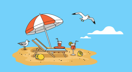 Summer beach relaxation scene with seagulls and refreshing drinks in flat design