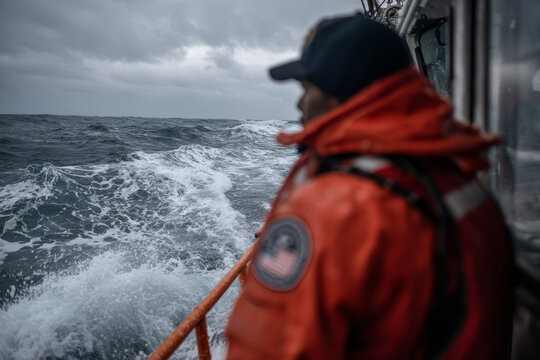 A coast guard officer in uniform standing on the deck of a rescue boat. Waves crash in the distance