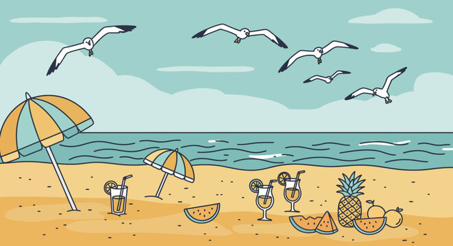 Coastal paradise scene with seagulls, umbrellas, refreshing drinks, and exotic fruits