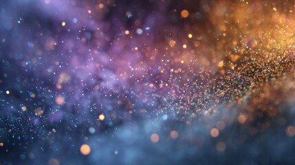 Obraz premium Magical glitter particles floating in purple and gold cosmic space. Abstract galaxy background for fantasy design, greeting card or mystical wallpaper. Dreamy universe concept.