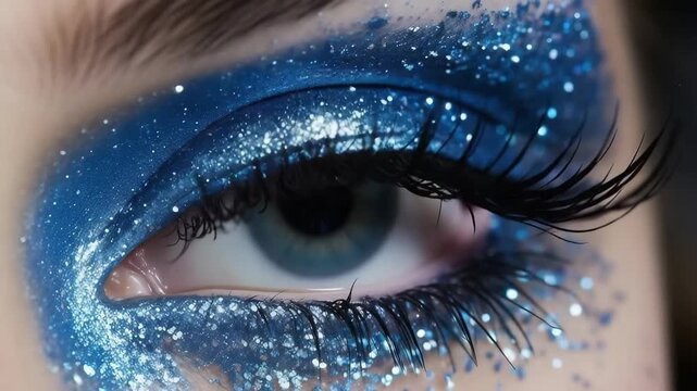 Close up Woman with glitter glitzy face holiday makeup. Girl with perfect skin and blue smoky eyes eye shadows. Beautyful girl with blue and silver glitter on her face and body. False Lashes.