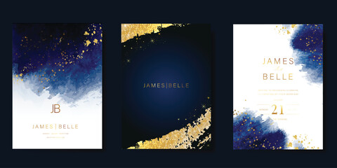 Wedding invitation card design vector set. Elegant wedding card with little star and watercolor texture on navy blue background. Design illustration for cover, poster, gala.