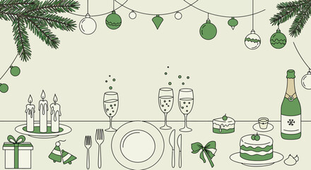 Festive holiday table with decorations and dining setting in line art style