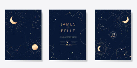 Naklejka na ściany i meble Wedding invitation card design vector set. Elegant wedding card with little star moon sun and space decorative on navy blue background. Design illustration for cover, poster, gala.