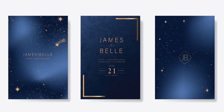 Wedding invitation card design vector set. Elegant wedding card with little star moon sun and space decorative on navy blue background. Design illustration for cover, poster, gala. - Powered by Adobe