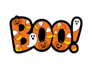 Halloween BO Text With Pumpkins And Ghosts lettering isolated on a transparent background