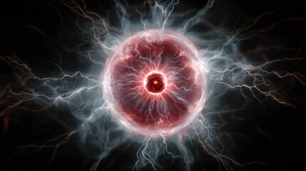 Cosmic energy sphere with electric discharge on black background. Red glowing orb emitting lightning bolts. Futuristic abstract concept for sci-fi design or power visualization