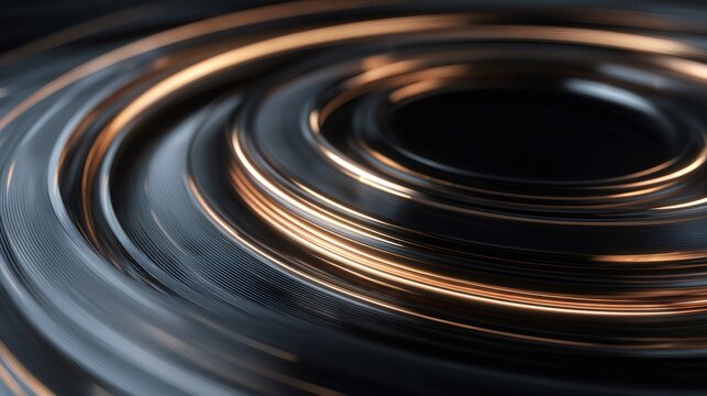 Abstract circular motion with metallic gold and silver swirls. Dynamic fluid ripples on dark background. Luxury design element for modern graphic art and digital wallpaper