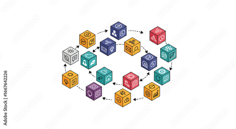 Poster isometric blockchain network concept with colorful data blocks and icons