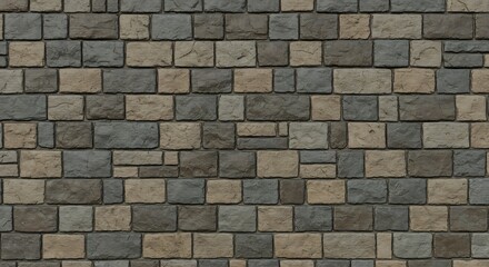 Fototapeta premium A closeup view of a stone brick wall The bricks are rectangular and varying colors gray beige and brown
