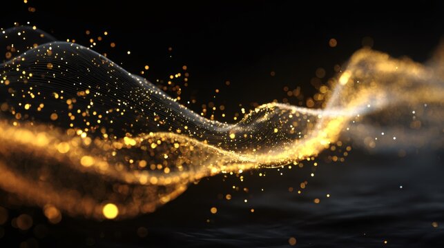 Golden glitter wave on black background. Abstract light trail with sparkling particles. Magical festive design for Christmas card, New Year celebration or luxury event invitation