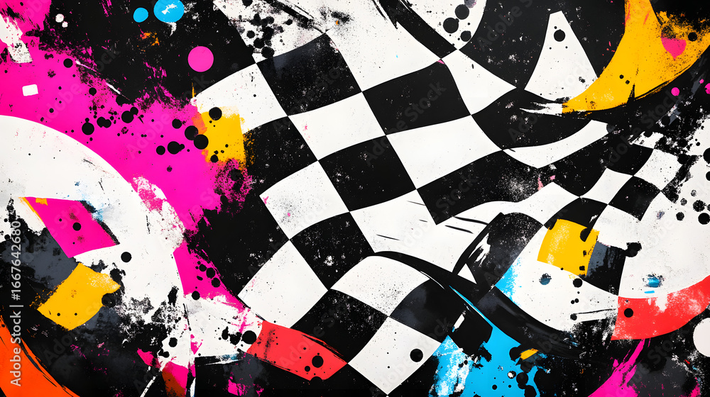 Poster dynamic abstract art with vibrant colors and a checkered flag design for creative projects.