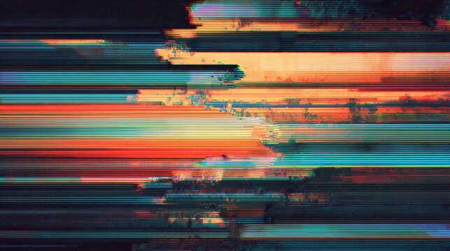 Abstract digital glitch art with horizontal color streaks. Distorted neon lines on dark background. Futuristic technology concept for graphic design, wallpaper, and visual effects - Powered by Adobe
