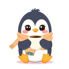 Obraz premium A penguin with a scarf holding a coffee cup, kawaii style, perfect for stickers, social media, and merchandise. High-quality vector illustrations.