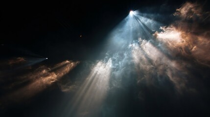 Dramatic cosmic scene with light beams piercing through dark nebula clouds. Space exploration concept for astronomy poster or science fiction book cover design. Celestial beauty.