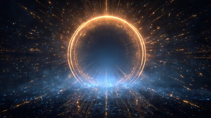 Glowing energy ring with radiating light beams in dark space. Futuristic portal concept. Abstract cosmic background for science fiction or technology design