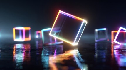 Glowing neon cubes floating over reflective surface. Abstract 3D geometric shapes with colorful light effects. Futuristic digital art concept for technology or gaming background.