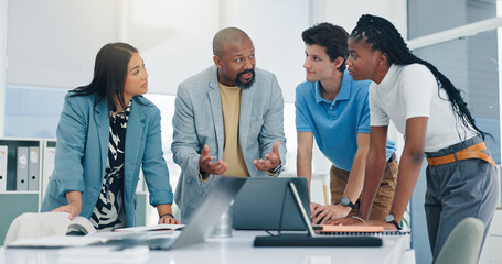 Man, meeting and staff with laptop in office for planning, finance report and review budget....