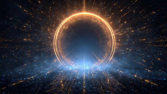 Glowing energy ring with radiating light beams in dark space. Futuristic portal concept. Abstract cosmic background for science fiction or technology design