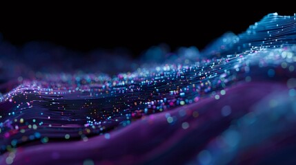 Abstract digital wave with glowing particles on dark background. Futuristic technology concept. Data visualization for science, IT or artificial intelligence