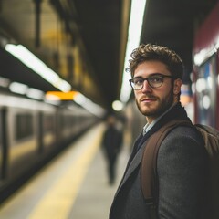 Confident Businessman Waiting at Subway Platform