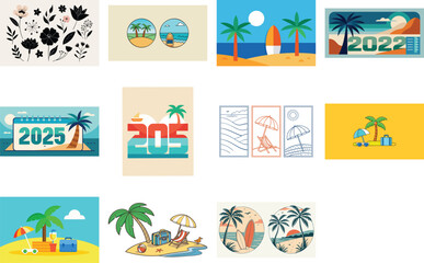Obraz premium Tropical Summer Vacation Paradise Beach, Palms, and Sun Illustrations