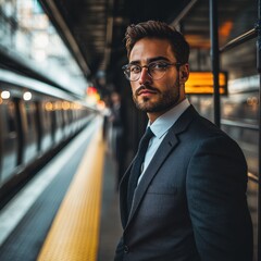 Confident Businessman Waiting at Subway Platform