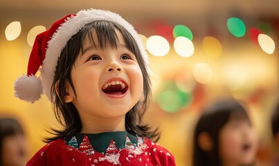 Kindergarten Christmas event featuring a child full of excitement and joy while singing a festive carol The cheerful performance creates a heartwarming holiday atmosphere filled, Generative AI