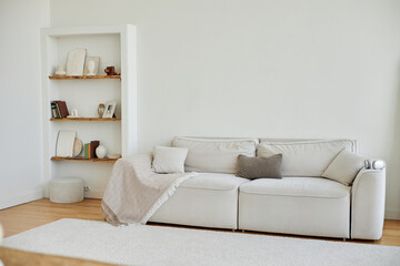 Modern living room interior featuring beige sofa with decorative pillows and throw blanket, wooden...