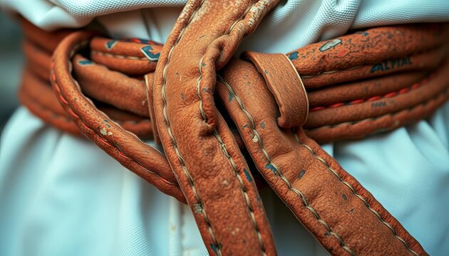 Close-up of a worn martial arts belt, showing stitching and faded color,  white belt,  achievement
