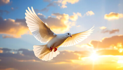 Fototapeta premium A white dove soaring majestically through a beautiful sunlit sky with clouds