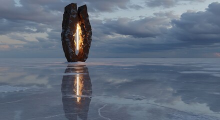 A glowing, abstract stone monolith stands reflected in a calm, watery surface under a cloudy sky.