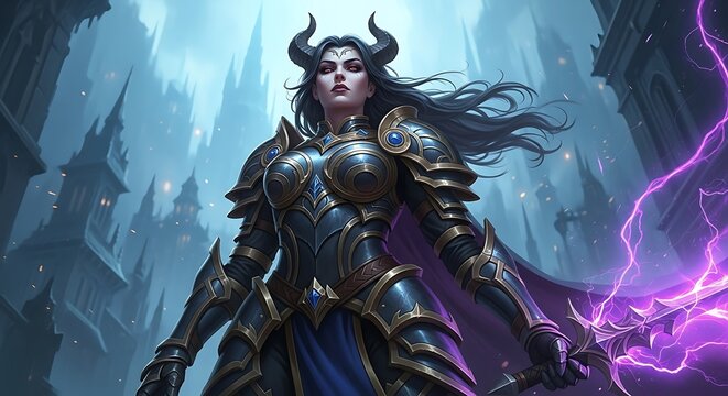Powerful Female Warrior in Dark Armor.