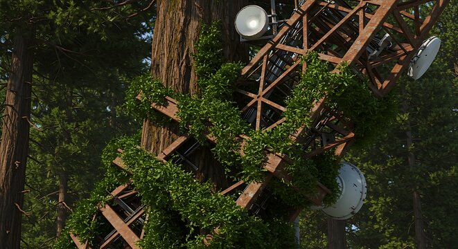 Overgrown communication tower entwined by lush green vines amidst towering redwood trees.