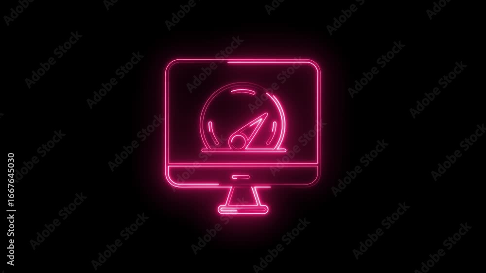 Poster glowing neon speedometer icon on computer screen isolated black background digital performance