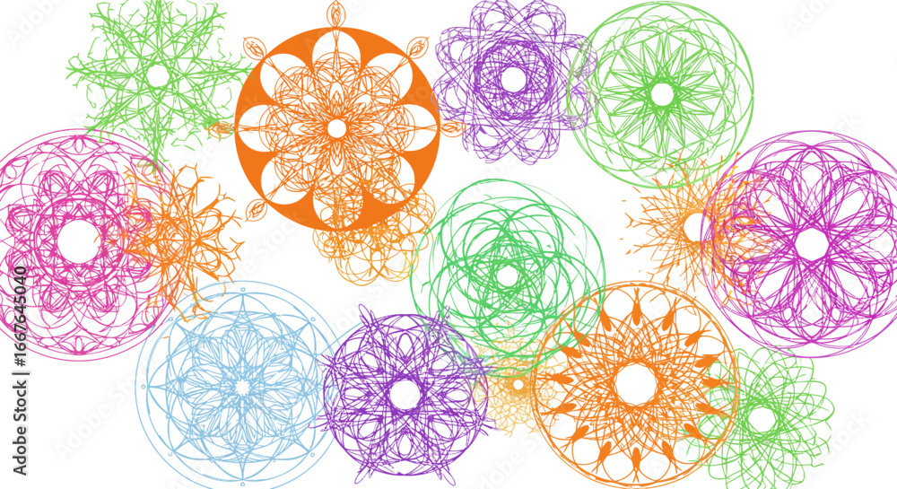 Poster colorful geometric mandala patterns art array in abstract circular designs