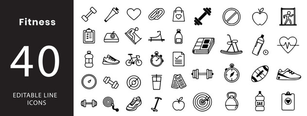 Fitness icon set. Containing dumbbell, yoga mat, treadmill, stopwatch, water bottle, heart pulse, gym bag, exercise bike, push-up, weight plate, running shoe, kettlebell, jump rope, stretching pose