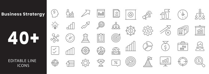 Business Strategy icon set. Containing planning, goals, KPI, profit, meeting, leadership, market analysis, project, workflow, growth, negotiation, success, finance, and more. Editable line icons. 