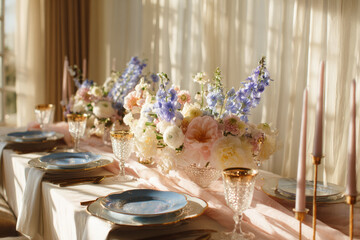 Elegant table setting with pastel flower arrangement blue plate crystal glass gold rim pink candle sunlight romantic atmosphere wedding planner business upscale event