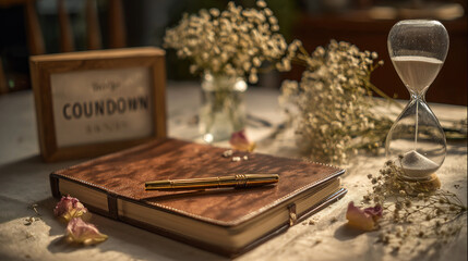 Leather notebook gold pen dried flower hourglass countdown sign rustic table soft sunlight romantic vintage planning calm